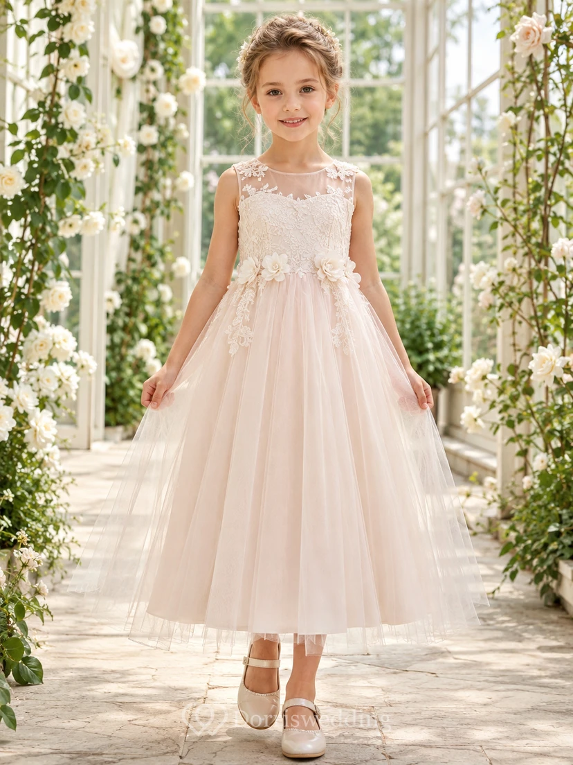 Elegant A-Line Flower Girl Dress with Jewel Neck Lace Bodice Blushing Pink Tulle Greenhouse Ceremony