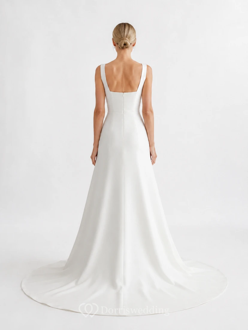 Square Neck Straps Crepe A Line Sweep Train Wedding Dress view 2