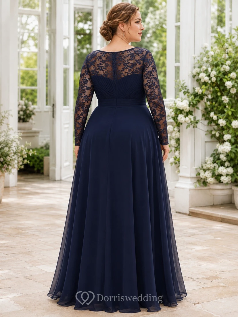 Romantic Navy Lace Tulle A-Line Floor-Length Square Neck Long Sleeve Formal Dress view 2