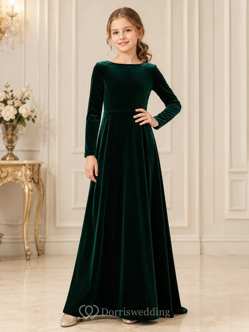 Dark Green Velvet Long Sleeve A Line Flowergirl Formal Dress