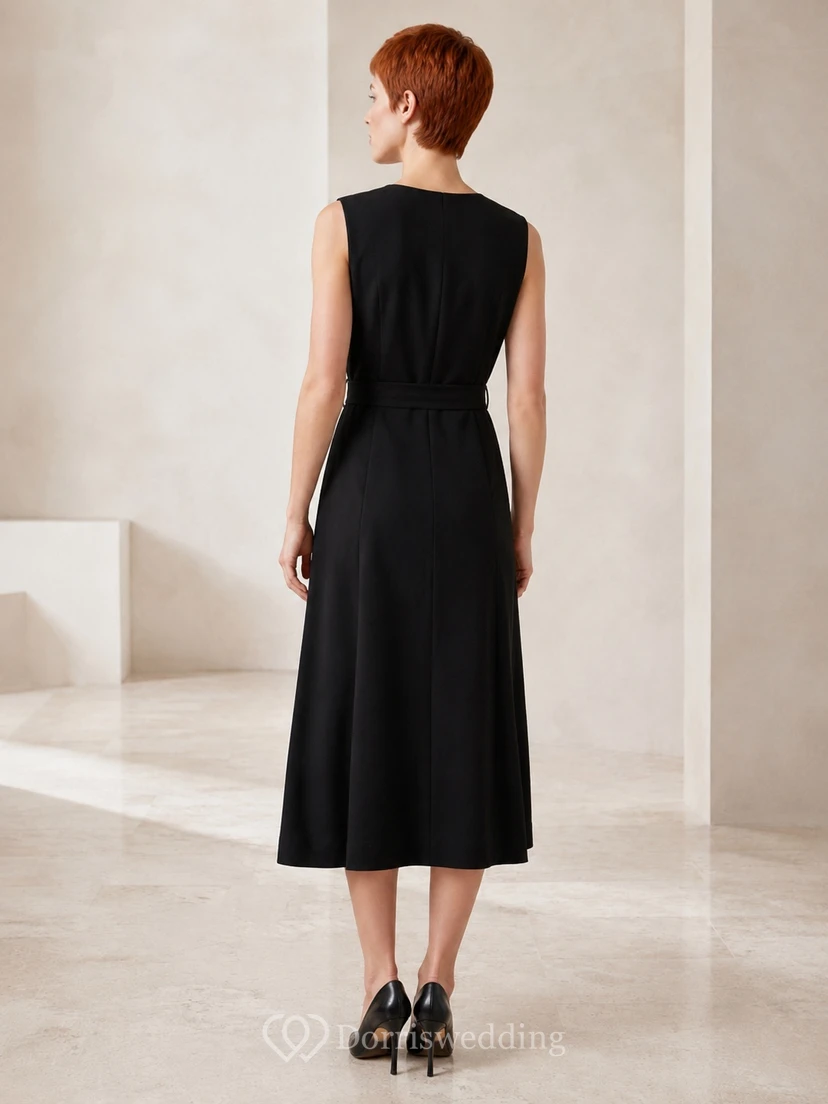 Black Jersey V-neck Sleeveless A-Line Tea-length Classic Simple Modern Elegant Court Dress view 2