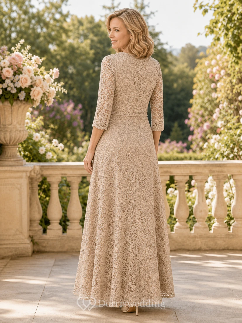 Champagne Modest Lace A-Line Floor-Length Mother of the Bride Dress with Three-Quarter Bolero Jacket view 2