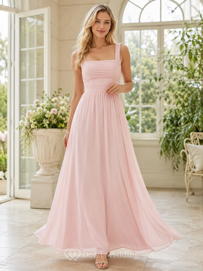 Blush Square Neck Chiffon Sleeveless A-Line Floor Length Bridesmaid Dress