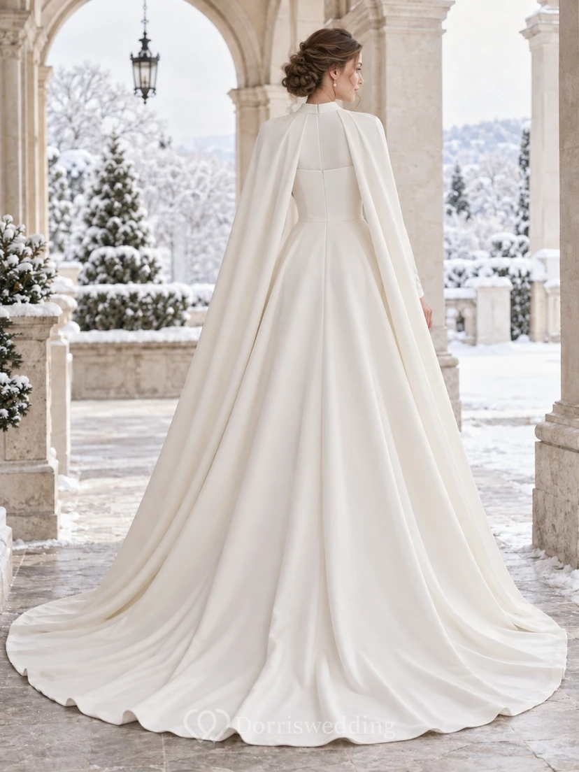 Vestido de novia sencillo de corte A con cuello abierto, lazo y mangas largas, ideal para invierno. view 2
