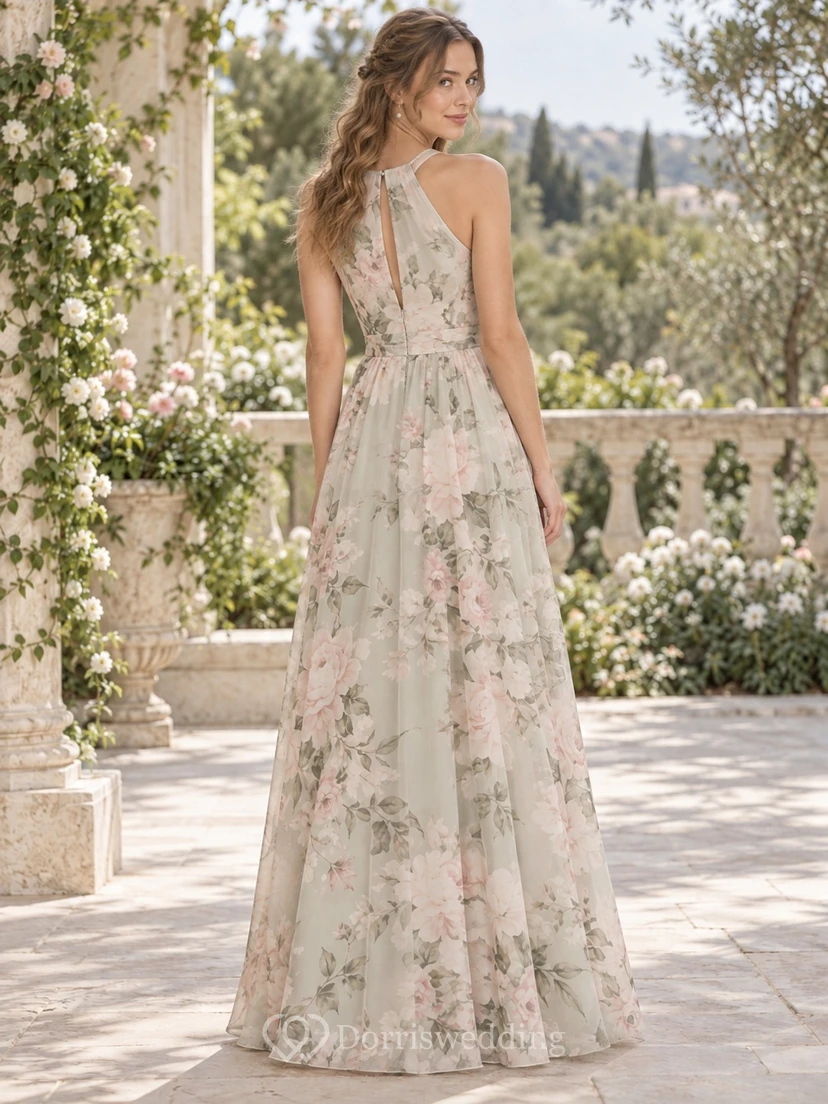 Petite Floral Print Halter-Neck Sleeveless No-Train Floor-Length Chiffon Bridesmaid Dress view 2