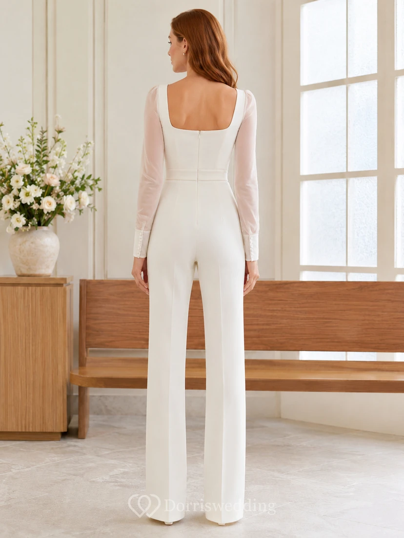 Combinaison de mariage minimaliste en satin et mousseline de mousseline, col carré, manches longues, longueur au sol view 2