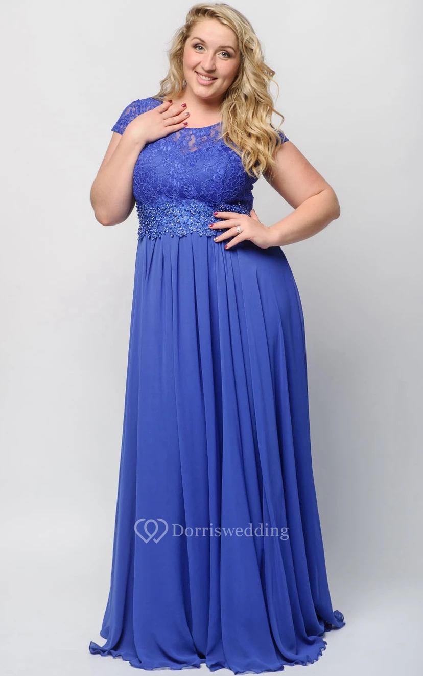 Empire-Kleid aus Chiffon mit bodenlangem U-Boot-Ausschnitt und kurzen Ärmeln, mit Illusionseffekt