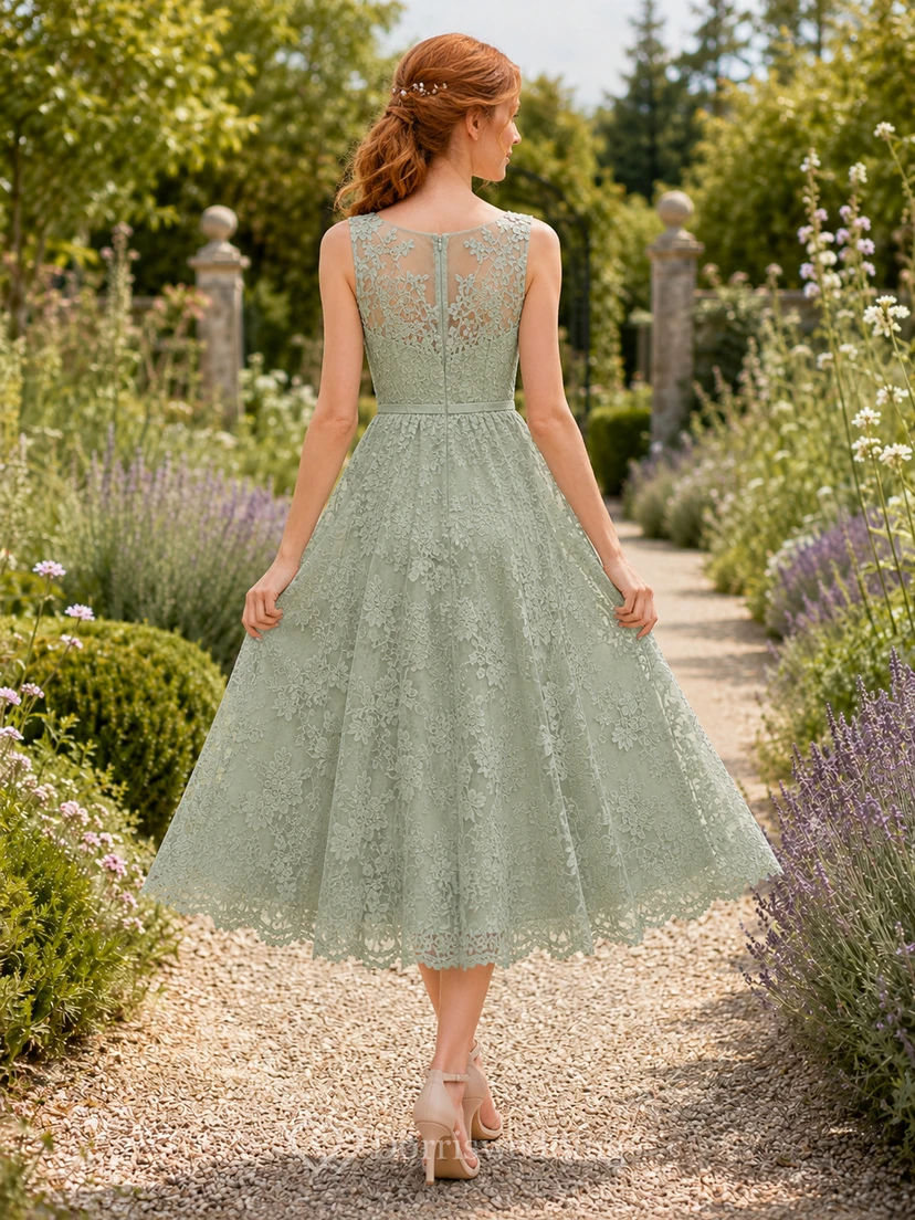 Sage green sleeveless lace tea length A-line garden guest dress view 2