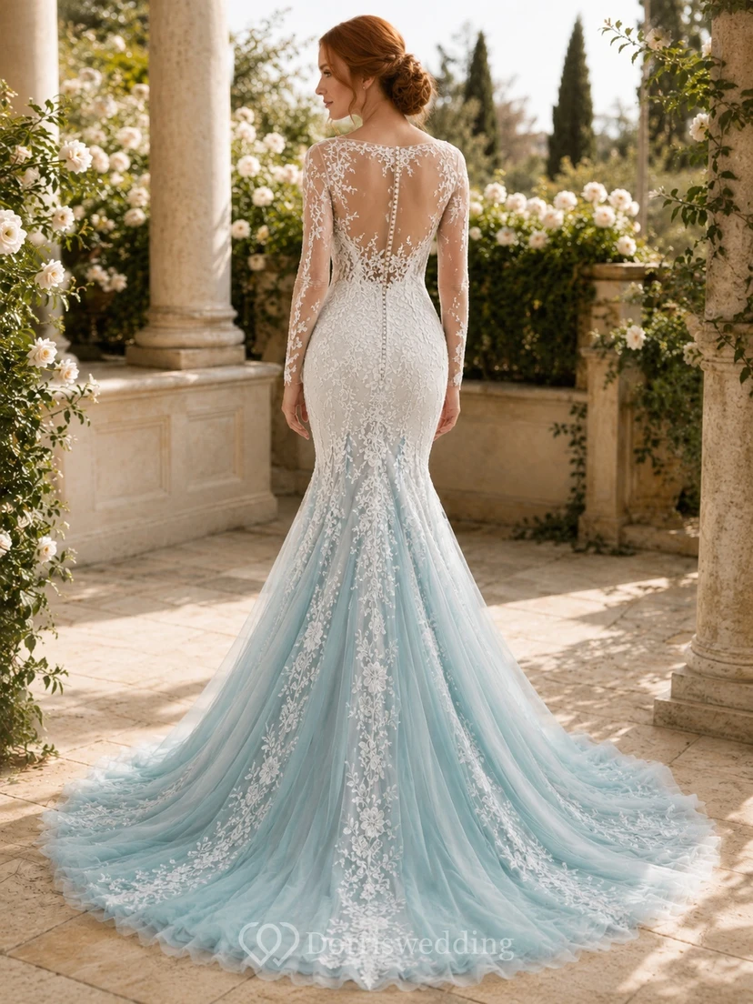 Türkisfarbenes Meerjungfrauen-Brautkleid mit V-Ausschnitt, langen Ärmeln, Tüllspitze und Kapellenschleppe – ein luxuriöses Kleid view 2