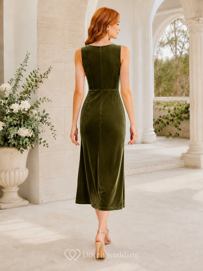 Dark Green Bateau Sleeveless Velvet Sheath Tea-Length Wedding Guest Dress view 2