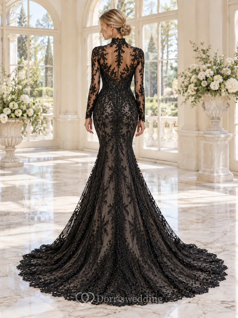 Black Mermaid Long Sleeve High Neck Floral Lace Wedding Dress view 2