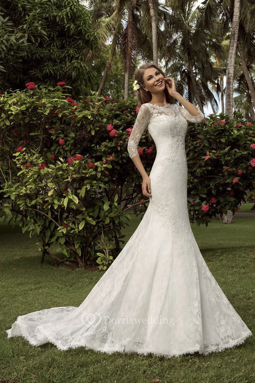 Trumpet Floor-Length Scoop-Neck T-Shirt-Sleeve Corset-Back Lace Bridal Dress With Appliques