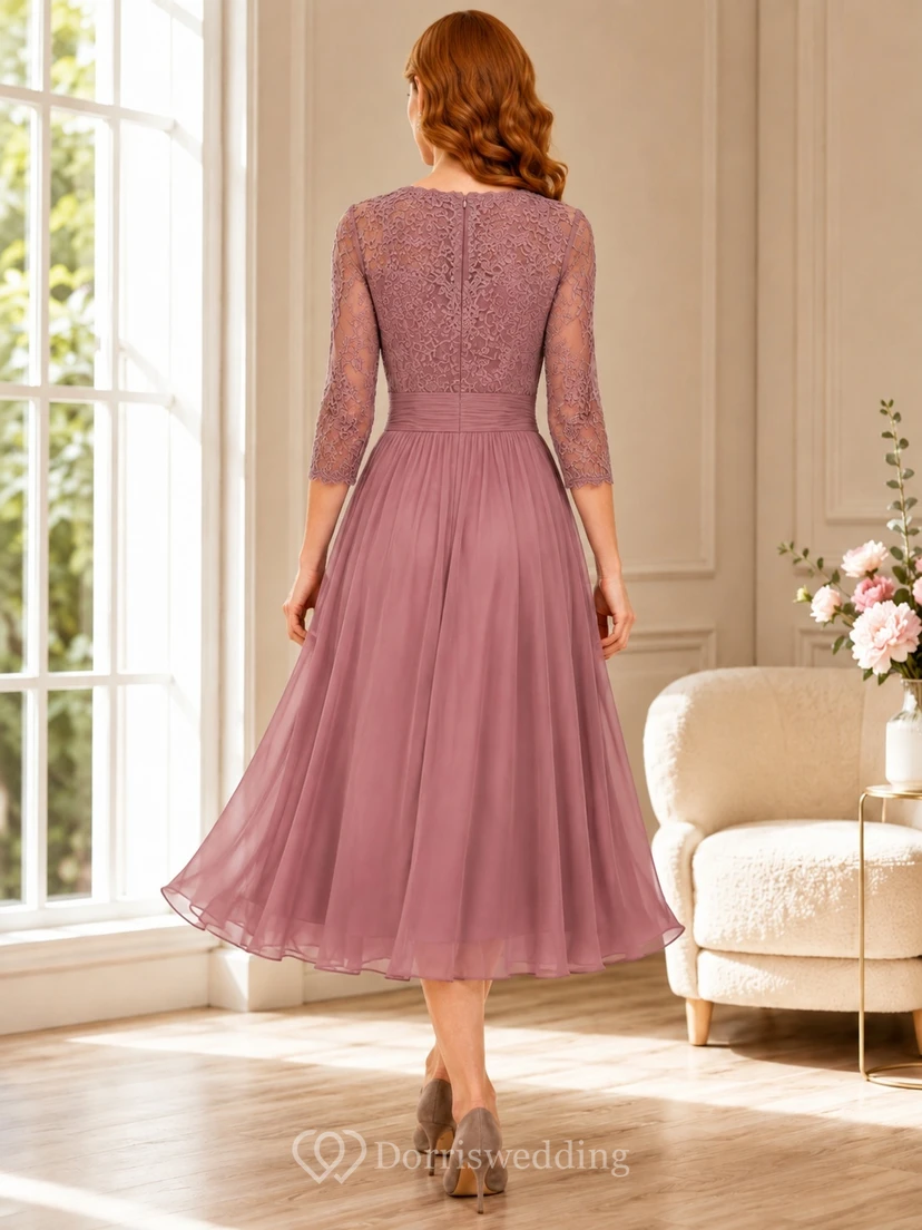 Dusty Rose Lace V-neck 3/4 Sleeve A-Line Floor-length Romantic Garden Bridesmaid Dress view 2