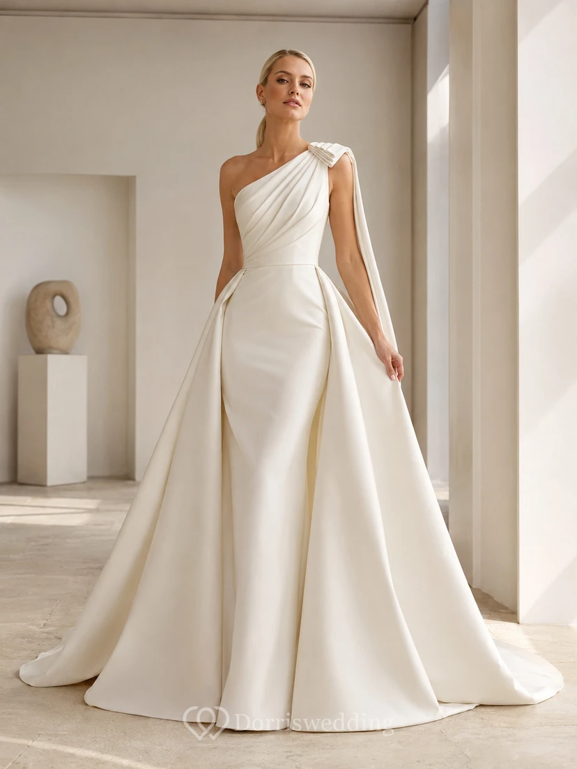 Minimalist Satin Wedding Dress A-Line One Shoulder Sleeveless Sweep Train Bridal Gown