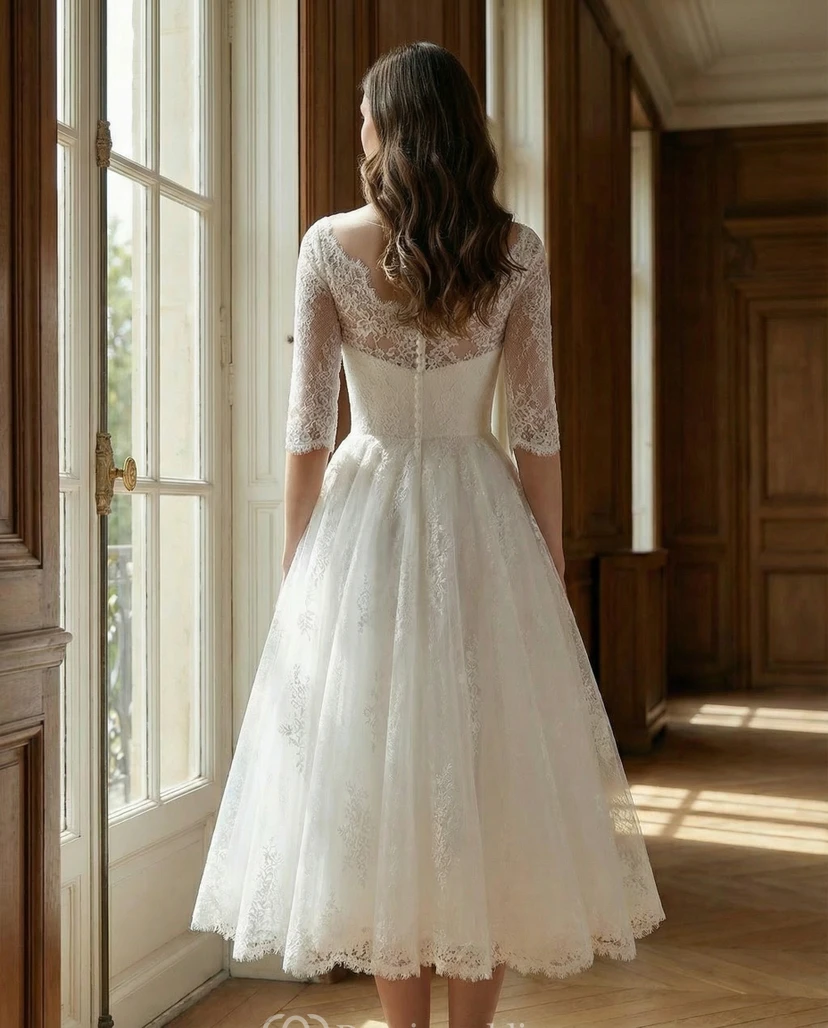 Vintage Tea Length Wedding Dress Lace Tulle A-Line 3/4 Sleeve Bridal Gown view 2