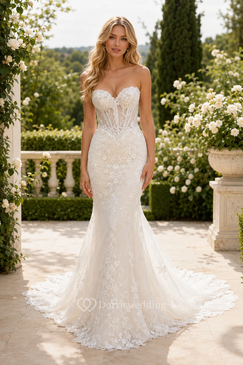 Strapless Lace Mermaid Wedding Dress with Chapel Train