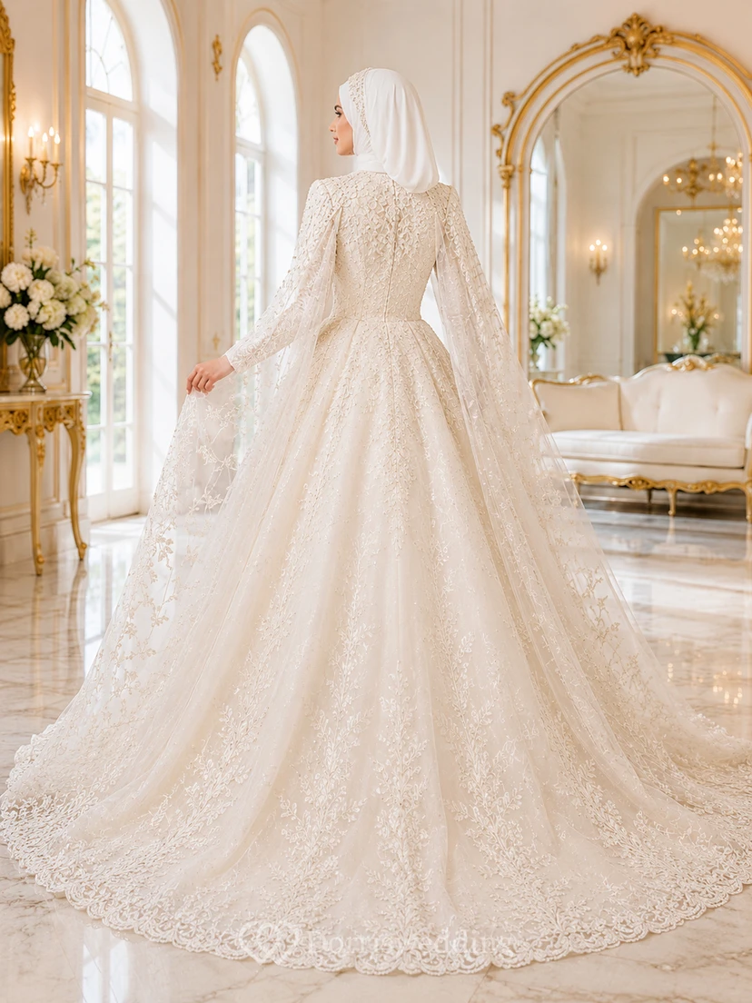 Modest Muslim Embroidered Cape Palace Bridal Ball Gown view 2