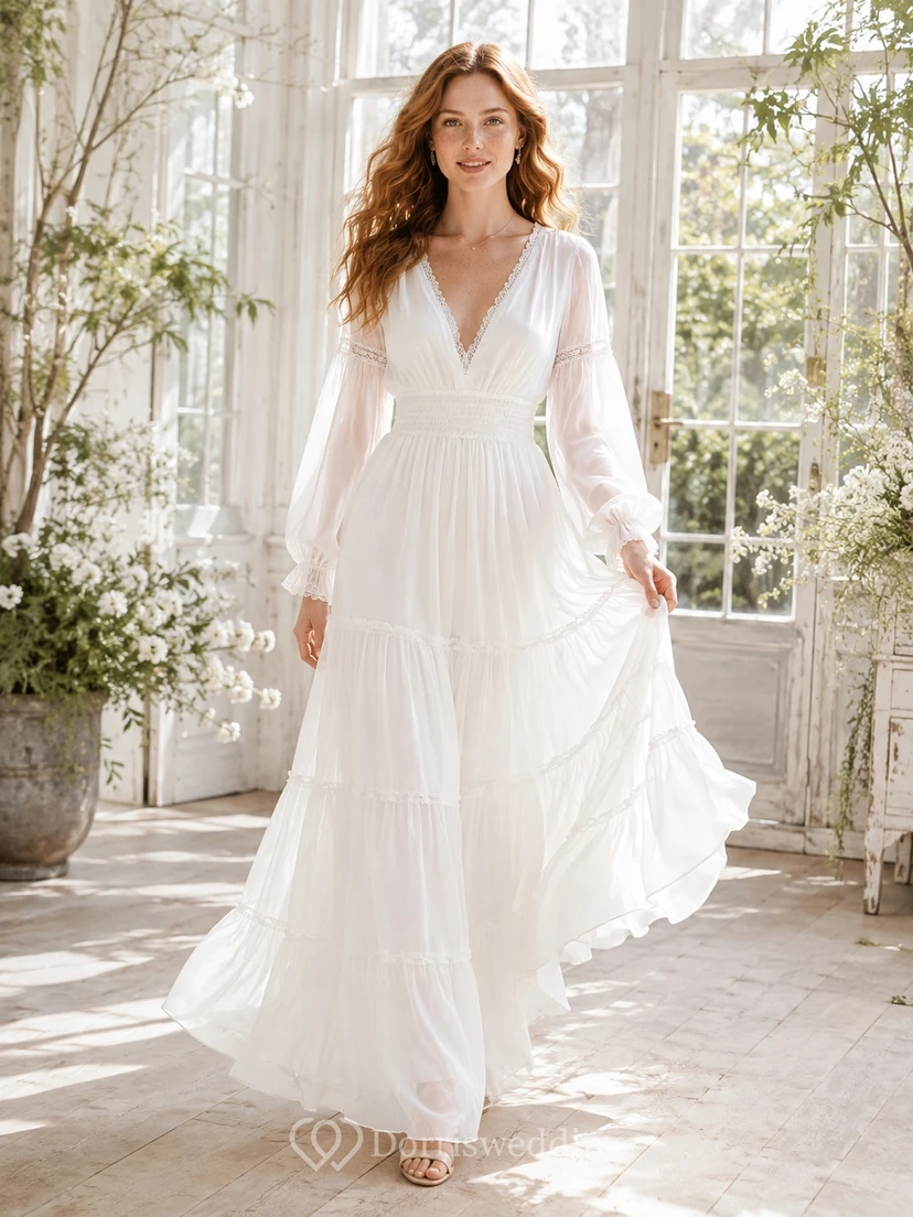 Bohemian V-Neck Balloon Sleeve Tiered Chiffon A-Line Floor-Length Wedding Dress