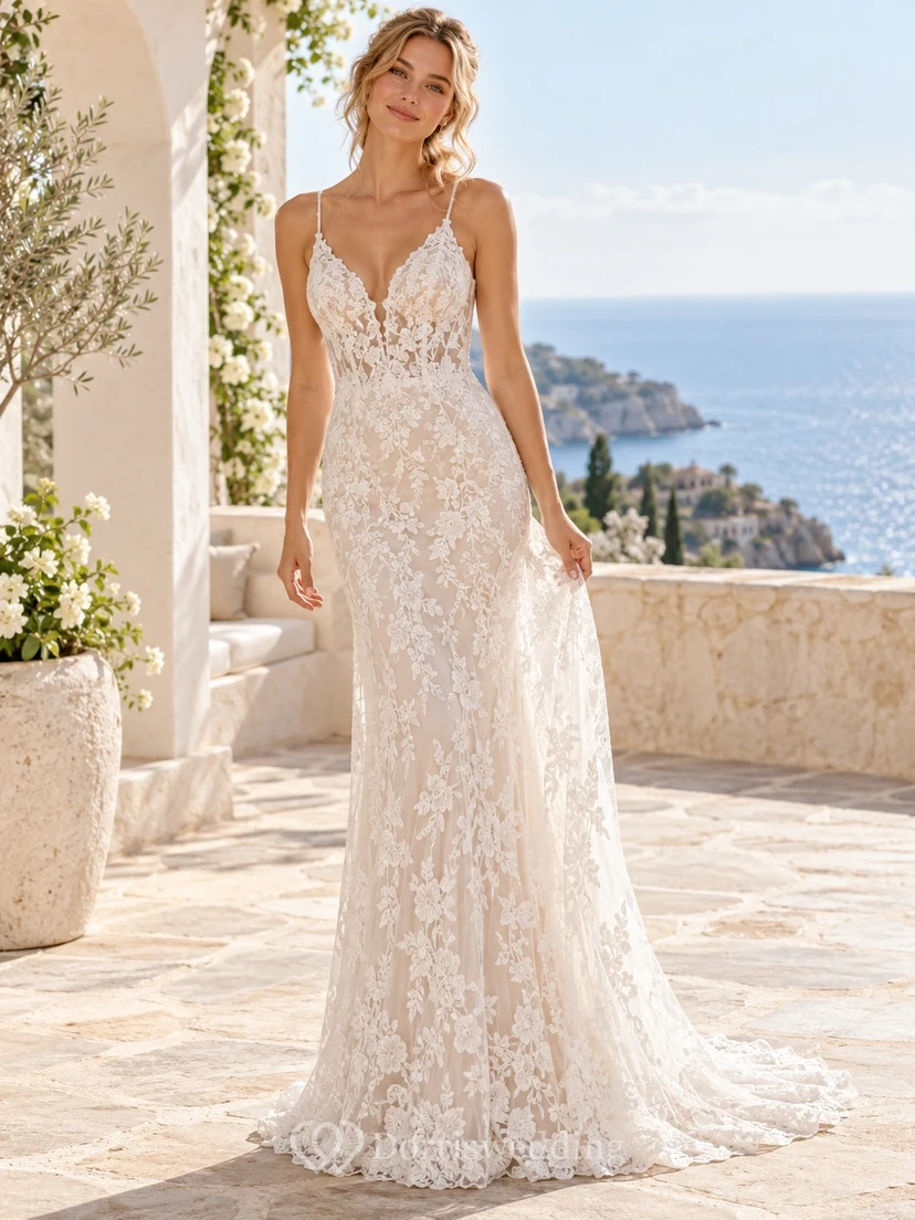 Sheath Spaghetti Strap V-neck Floral Lace Bridal Wedding Dress