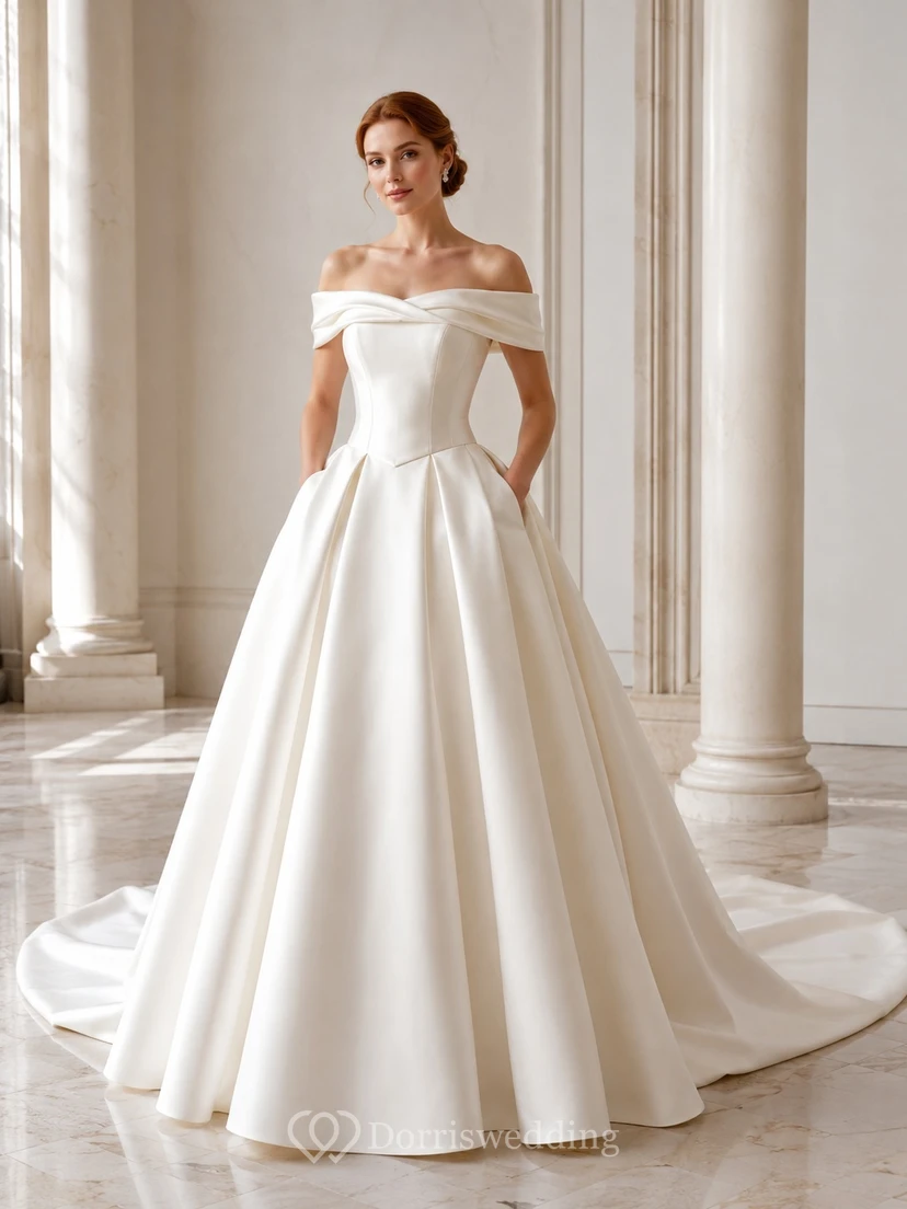 Elegantes, luxuriöses, schulterfreies, ärmelloses Ballkleid aus Taft mit Schleife und Robe – Hochzeitskleid