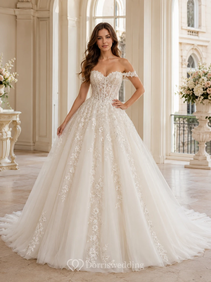 Vestido de novia romántico de gala con tul floral, hombros descubiertos y cola capilla hasta el suelo.