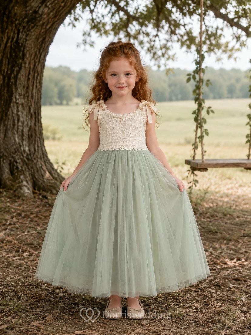 Blumenmädchenkleid aus salbeifarbener Spitze und Tüll, A-Linie, Rundhalsausschnitt, Teelänge