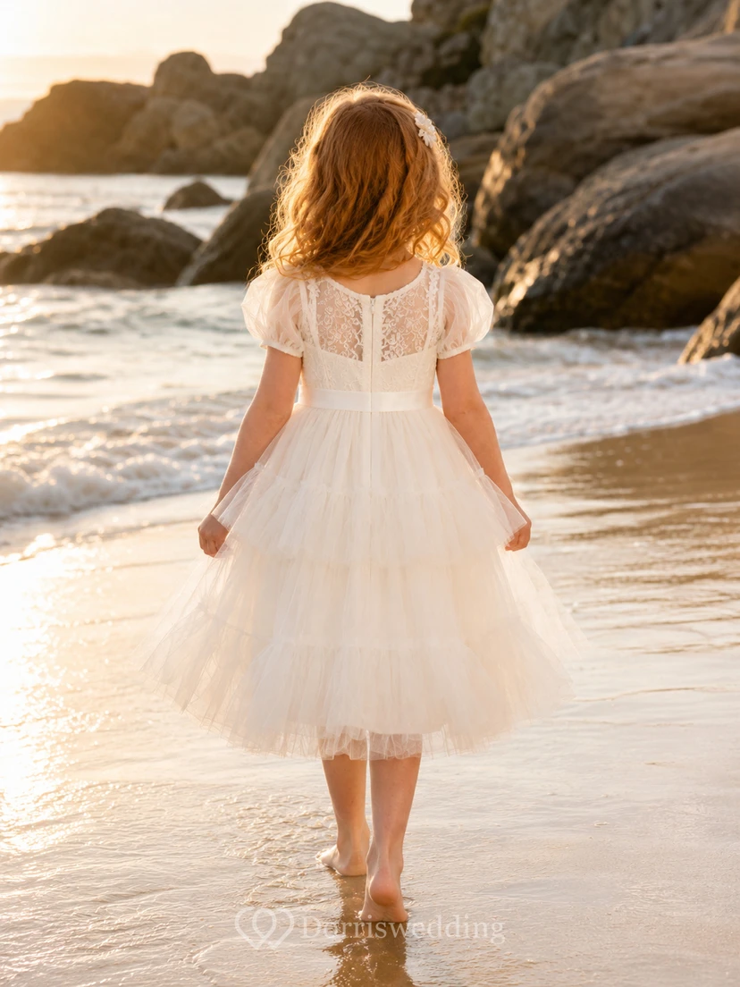 Blumenmädchenkleid aus elfenbeinfarbenem Chiffon und Tüll, A-Linie, Rundhalsausschnitt, Teelänge, mit Schärpendetails view 2