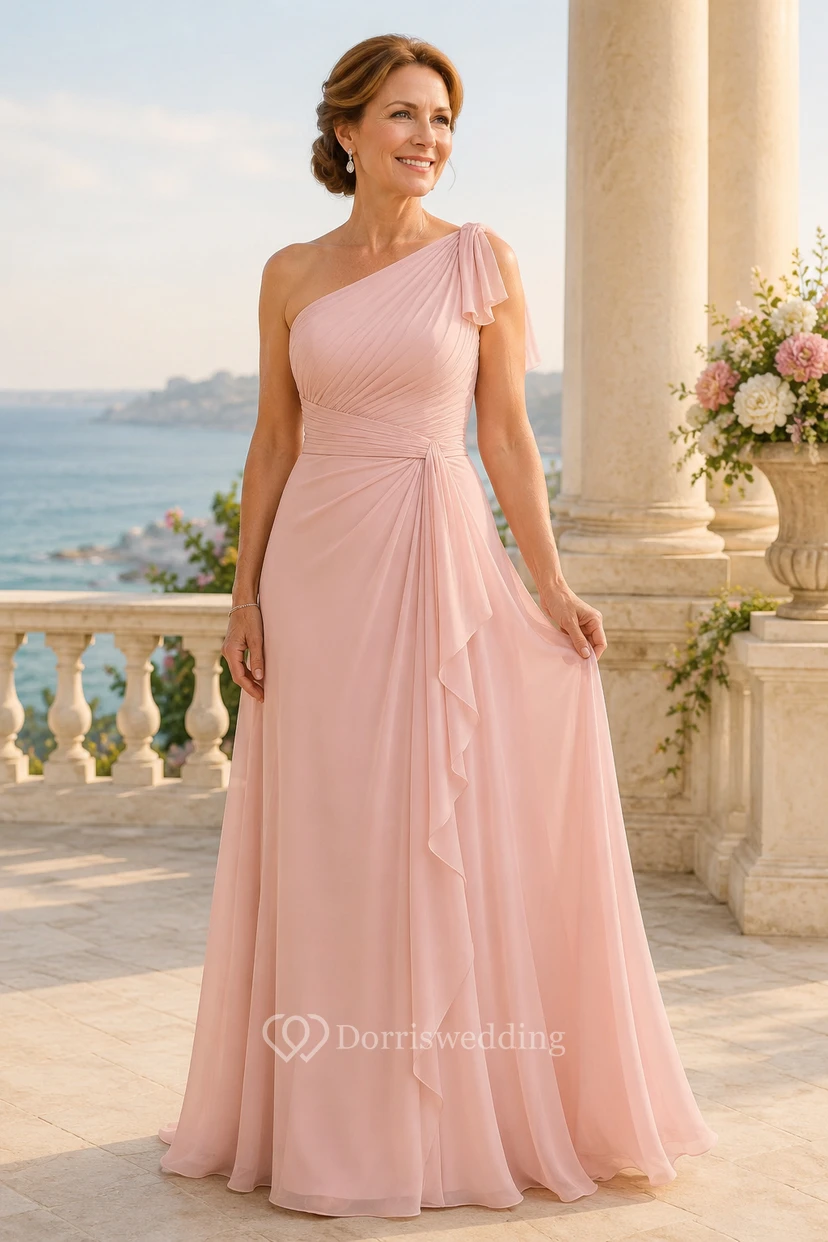 Zartrosa A-Linien-Kleid aus Chiffon mit One-Shoulder-Schulter und weicher Schleife