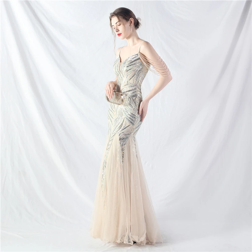 Layered Beads Spliced ​​Mesh High-End Evening Dress view 23