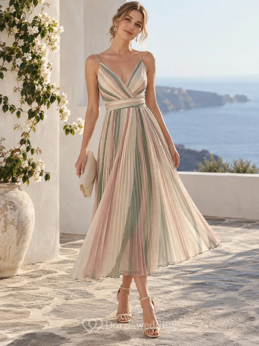 Vestido de fiesta de gasa de corte A con tirantes finos y plisados a rayas suaves, largo hasta la rodilla, ideal para invitadas de boda.