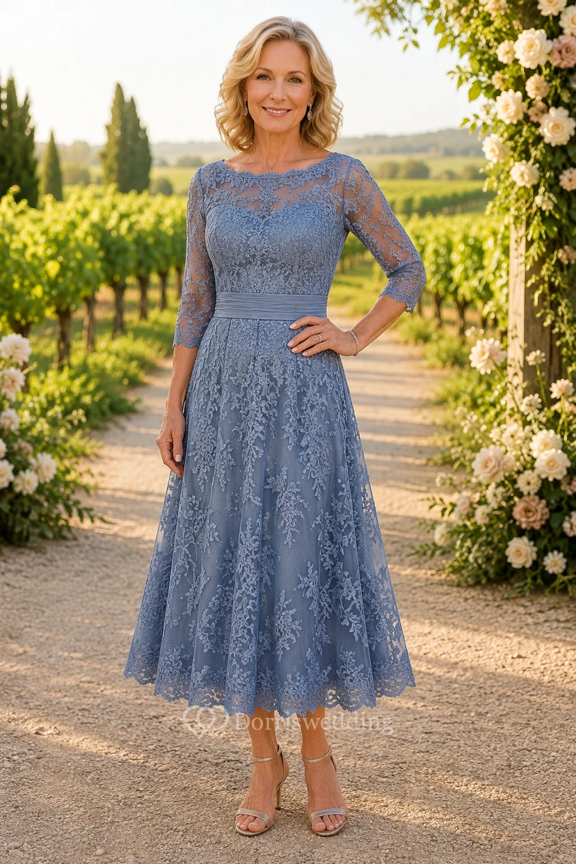 Robe de mère bleu acier, longueur thé, dentelle bateau, coupe trapèze, longueur thé