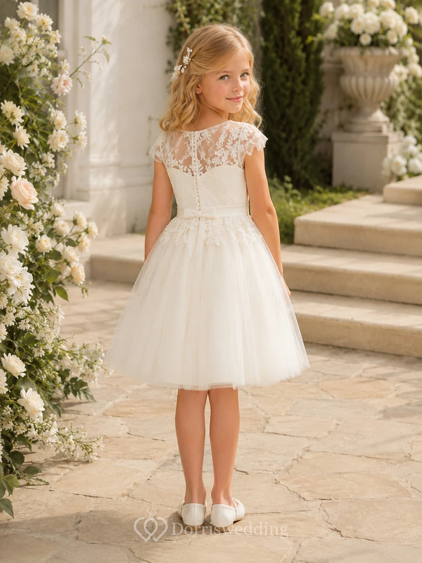 Vestido de novia modesto de corte A hasta la rodilla para niña de las flores, con mangas cortas de encaje y tul, estilo damita de honor, ideal para bodas en el jardín. view 2