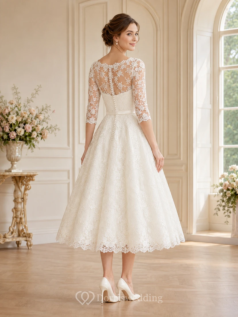 Vestido de novia modesto de largo midi, estilo barco, con mangas tres cuartos y encaje, ideal para recepciones en jardines. view 2