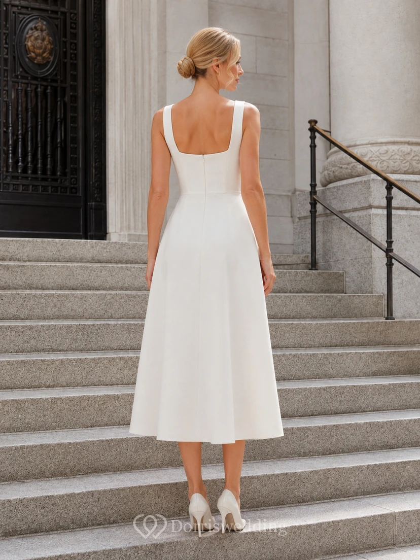 Vestido de novia midi de corte A con escote cuadrado asequible para juzgado view 2