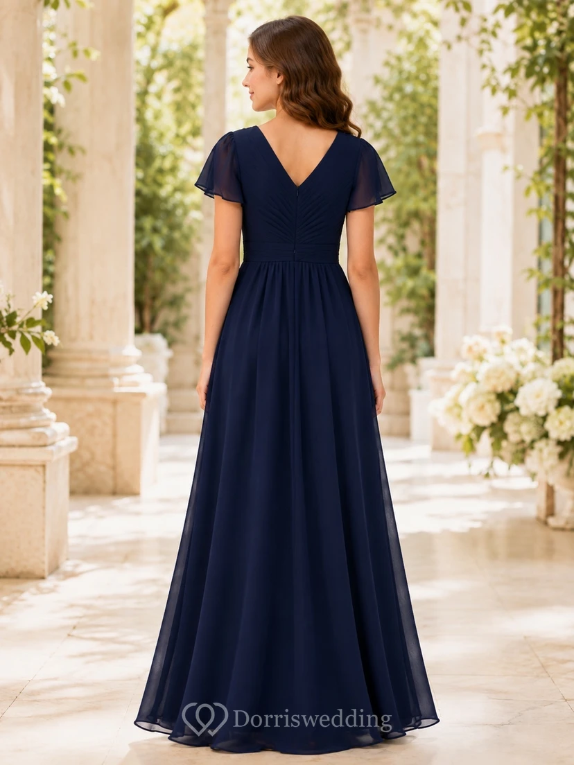 Dark Navy Junior Bridesmaid Dress A-Line Floor-Length V-Neck Short Sleeve Flutter Detail Romantic view 2