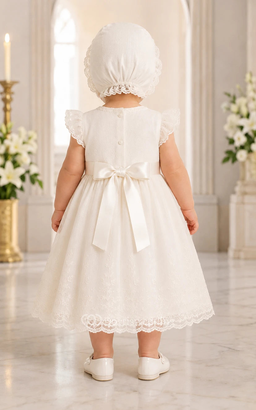 Robe de baptême pour bébé, coupe trapèze, manches courtes, tulle et dentelle, longueur thé, avec ceinture à nœud, blanche view 2
