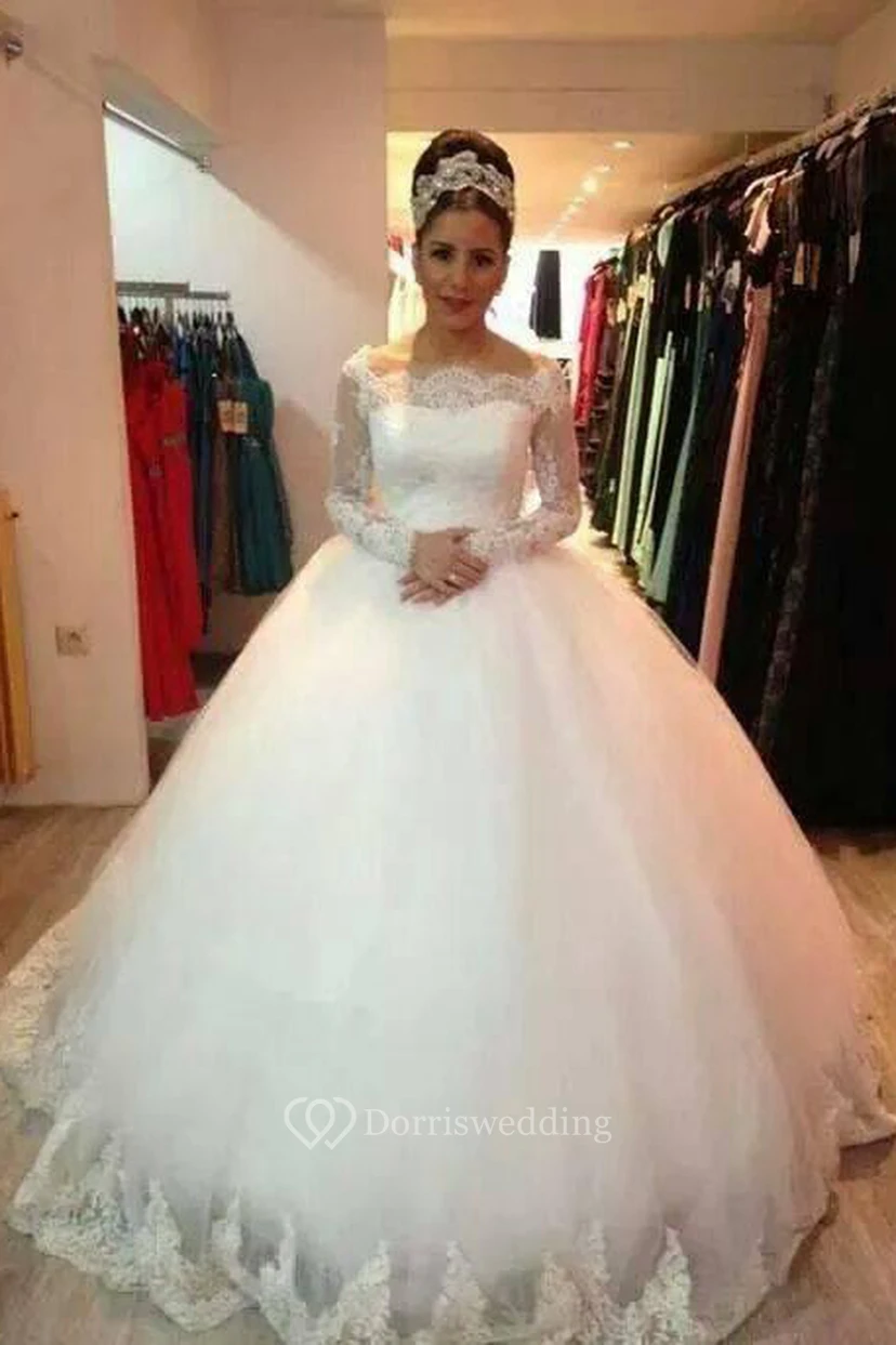 Elegant Long Sleeve Lace Tulle Wedding Dress Ball Gown