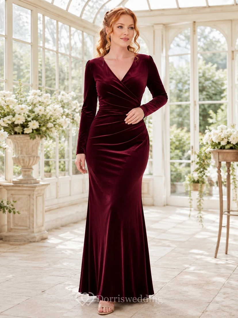 Burgundy Velvet V-neck Long Sleeve Mermaid Floor-length Ruched Evening Gown