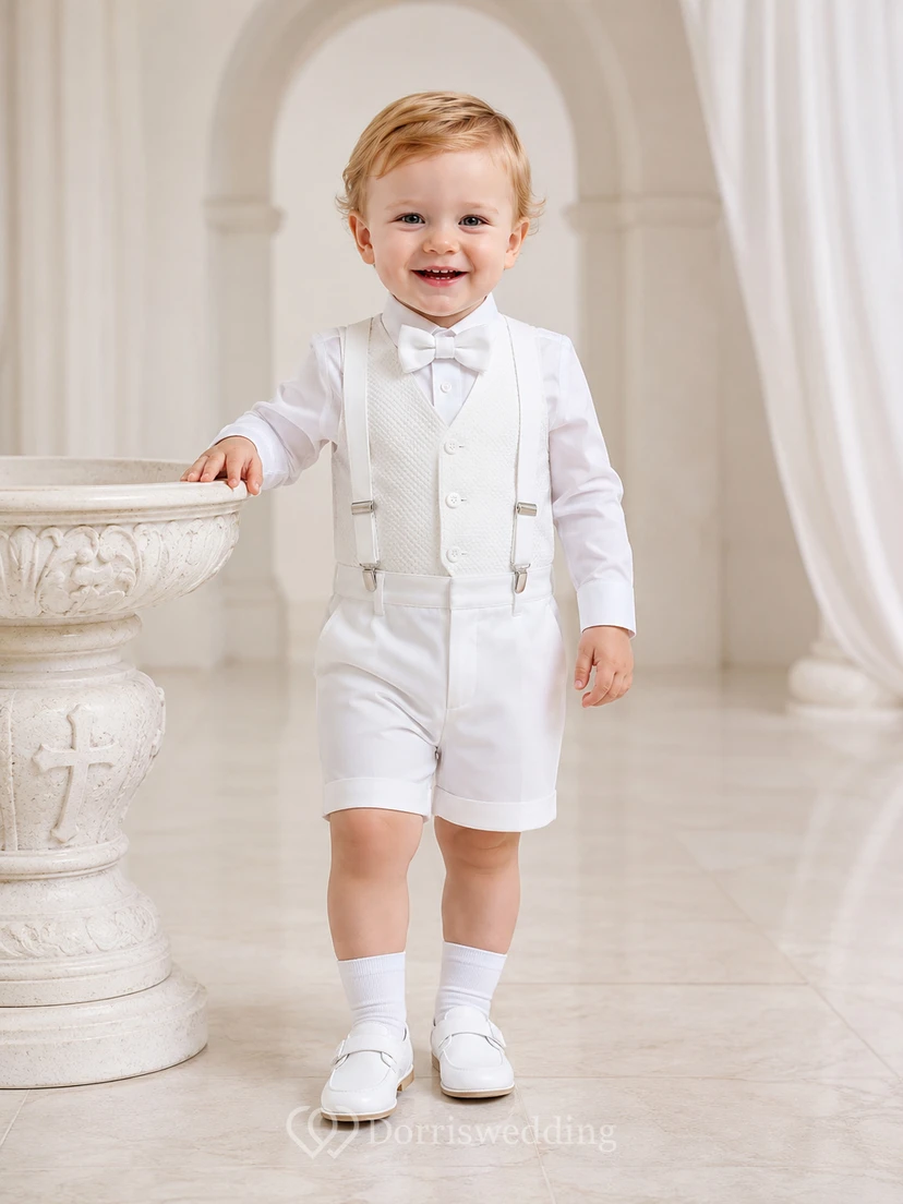 White Suspender Bow Tie Long Sleeve Christening Short Set for Baby Boy