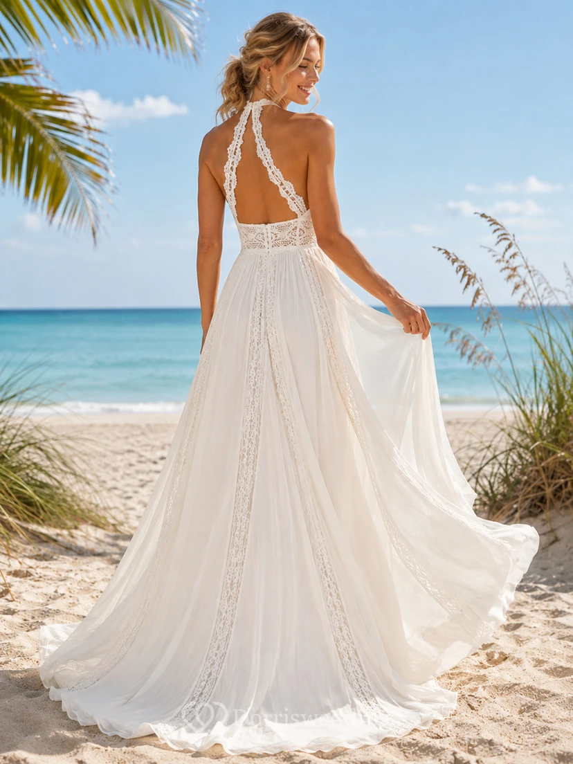 Bohemian Halter Lace Chiffon Wedding A Line Sleeveless Chapel Train Beach view 2
