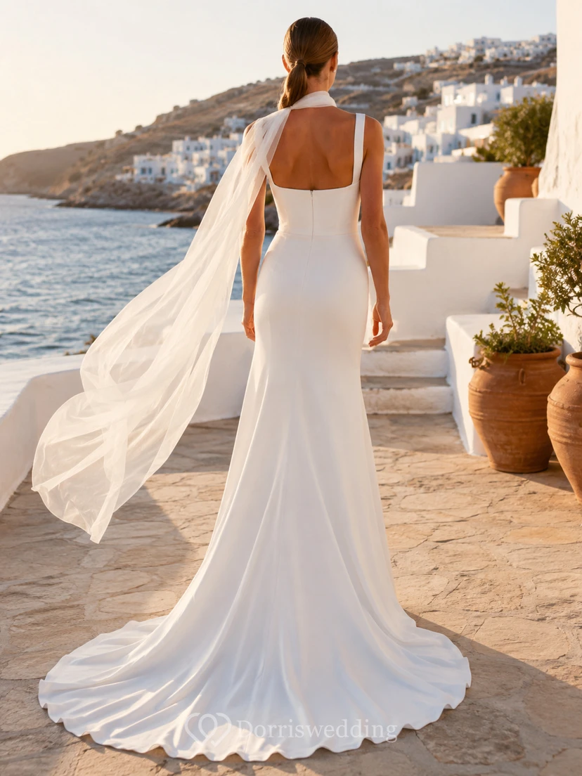 Robe de mariée moderne fourreau en crêpe mousseline à col carré et foulard intégré view 2