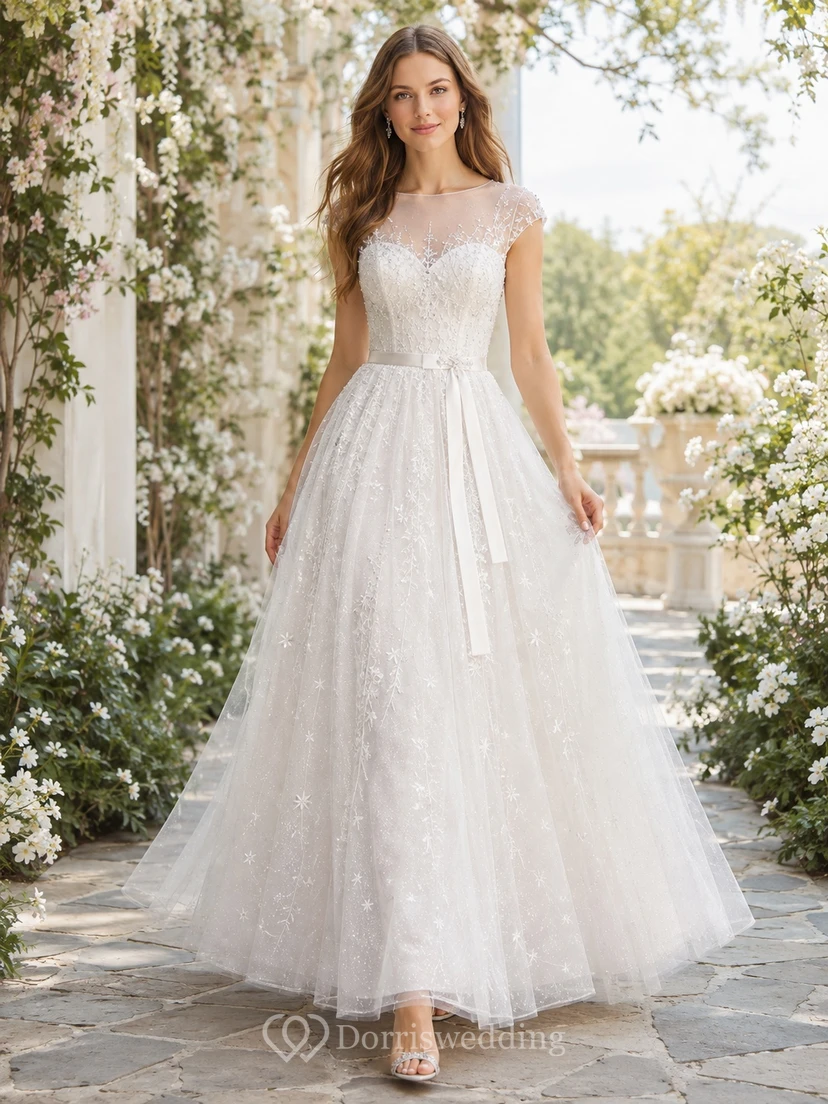Vestido de novia de ensueño, corte A, tul, ilusión, escote corazón, mangas cortas, fajín y encaje, largo hasta los tobillos.