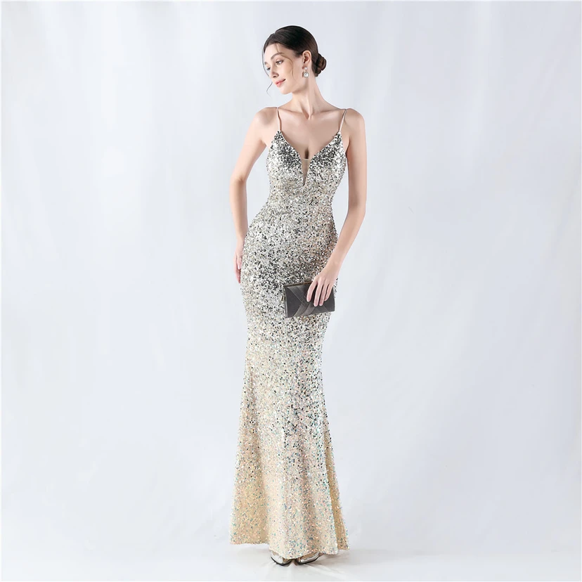 Samtiger, farbverlaufender, perlenbesetzter, sexy Strumpfhalter-Abendkleid view 41