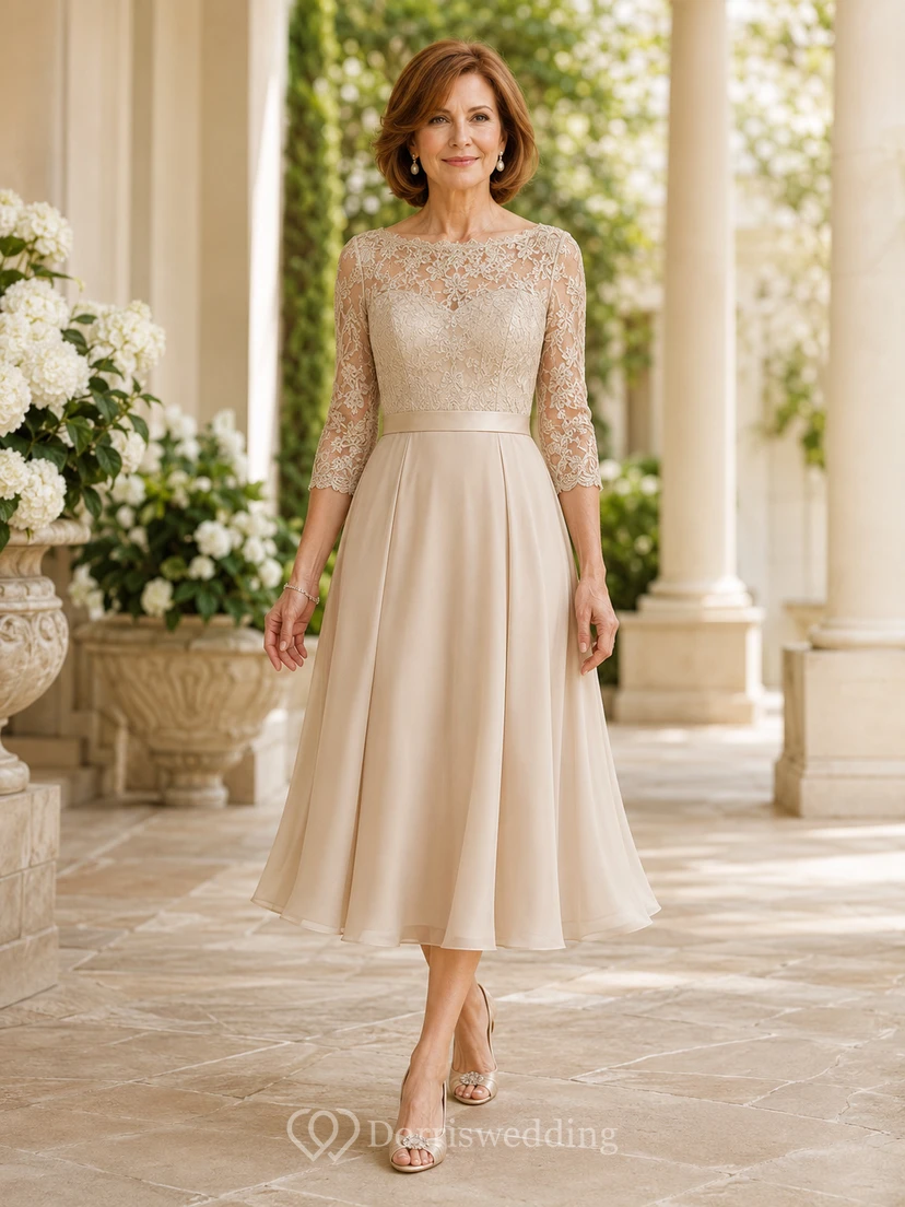 Romantisches, zierliches Champagner-Spitzenkleid mit Illusion-Ausschnitt, Dreiviertelärmeln, A-Linien-Schnitt und Teelänge aus Satin