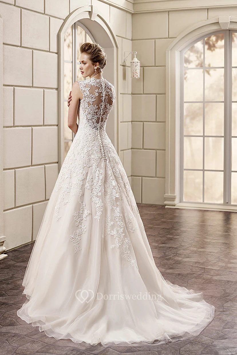 A-Line Maxi Appliqued V-Neck Cap-Sleeve Lace Wedding Dress view 2