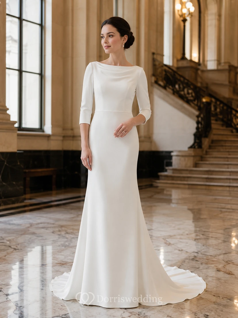 Vestido de novia de crepé estilo barco con mangas tres cuartos y escote drapeado.