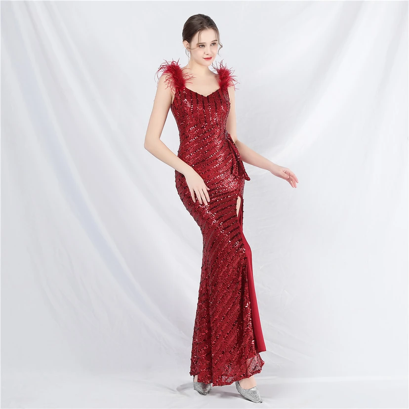 Evening Dress Craft Beaded Ostrich Feather Sequined Side Slit Evening Dress view 57