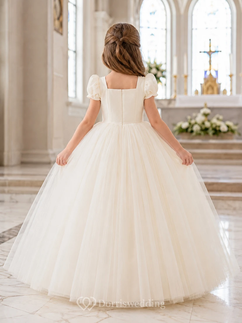 Classic Tulle with Bow A-Line Flower Girl Dress with Short Sleeves, Jewel Neck, Tea-Length Skirt and Bow Detail view 2