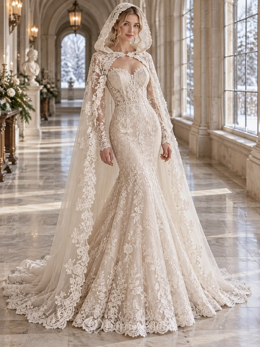 Vestido de invierno con capucha de encaje y escote corazón estilo sirena de manga larga