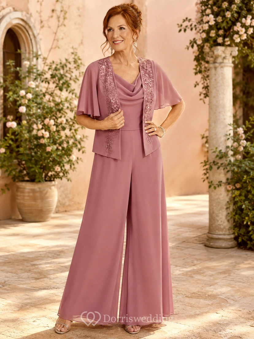 Mother Dusty Rose Chiffon Jumpsuit with Cowl Neck Flutter Cape Jacket and Wide Leg Pants